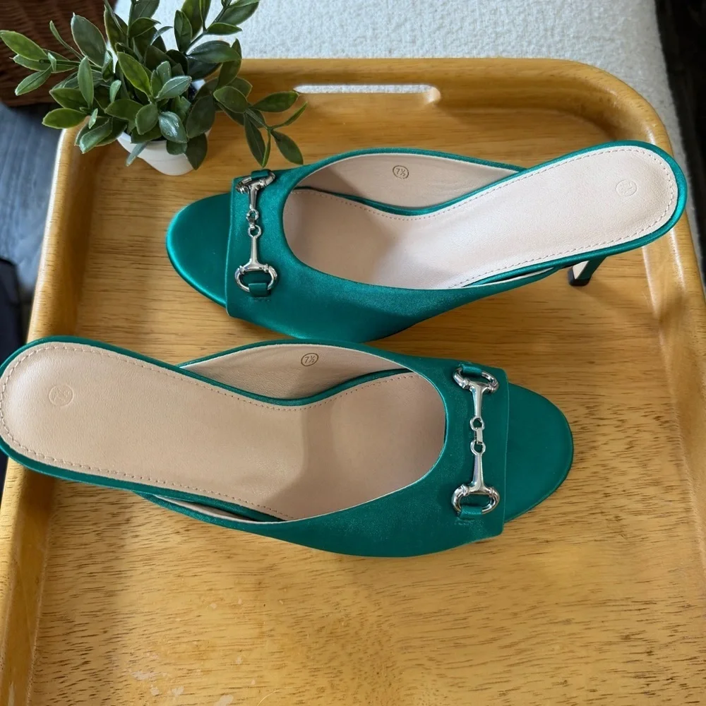 Deep Teal Metal Link Chain Peep Round Toe Heel Slide Stiletto NWT 7.5
